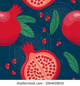 Patrón sin fisuras de granada. Granada roja colorida con semillas y hojas en el fondo azul oscuro. Ilustración vectorial dibujada a mano. 
