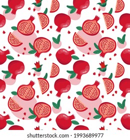 Pomegranate seamless pattern. Colorfull red pomegranate whith seeds and leaves on the white background whith red spots.