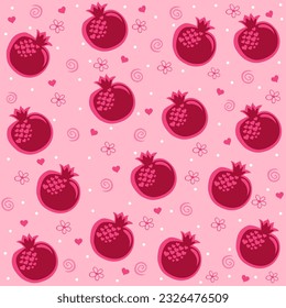 Pomegranate seamless pattern with cute white flowers. Red garnet seamless background design for wrapping paper, cards, packaging. Rosh Hashanah background. Vector illustration