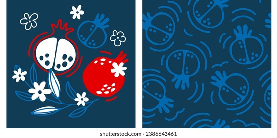 Pomegranate seamless pattern. Design template with hand drawn pomegranate branches. Seamless pattern for gift wrapping. Set of branches and leaves fruits. Cartoon flat hand drawing vector background