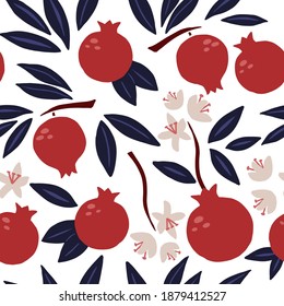 Pomegranate seamless pattern. Exotic tropical red fruit, juicy garnet with blue leaves and flowers, vector cartoon minimalistic isolated texture, textile, wrapping paper, wallpaper and fabric