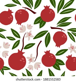 Patrón sin fisuras de granada. Frutos rojos tropicales exóticos, granate jugoso con hojas y flores verdes, dibujos animados vectoriales de textura aislada minimalista, textil, papel envolvente, papel pintado y tela