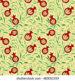Pomegranate seamless pattern.  Floral pattern with decorative pomegranate fruits and leaves.