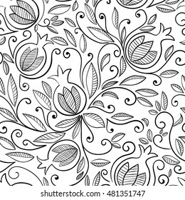 Pomegranate seamless pattern. Floral vector repeat pattern with decorative pomegranate fruits and leaves. Black pattern on white background. Isolated on white background.