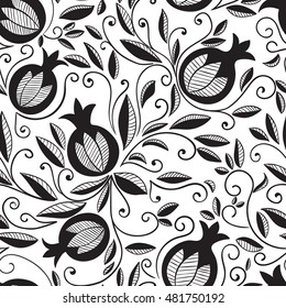 Pomegranate seamless pattern. Floral vector repeat background. Floral pattern with decorative pomegranate fruits and leaves. Isolated on white background.