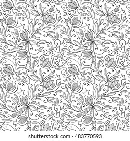 Pomegranate seamless pattern. Floral vector repeat pattern with decorative pomegranate fruits and leaves. Black pattern on white background. Isolated on white background.