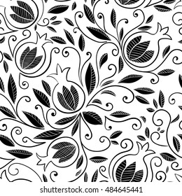 Pomegranate seamless pattern. Floral vector repeat pattern with decorative pomegranate fruits and leaves. Black pattern on white background. Isolated on white background.