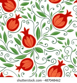 Pomegranate seamless pattern. Floral vector repeat background. Floral pattern with decorative pomegranate fruits and leaves. Isolated on white background.