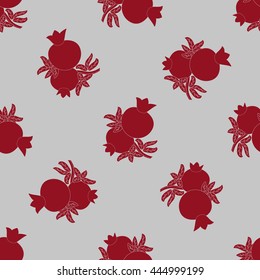 Pomegranate seamless pattern, fruits and leaves, grey background