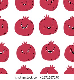 Pomegranar sin fisuras. Personajes divertidos con caras felices. Dibujo vectorial en estilo escandinavo simple dibujado a mano. Ideal para imprimir productos para bebés
