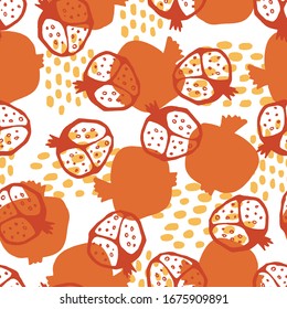 Pomegranate seamless pattern with grains. Floral vector illustration of abstract doodle and scandinavian fruits and seeds. Garnet armenian pattern. The elegant the template for fashion prints.