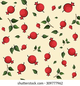 Pomegranate seamless pattern with green leaves and red ripe fruits 