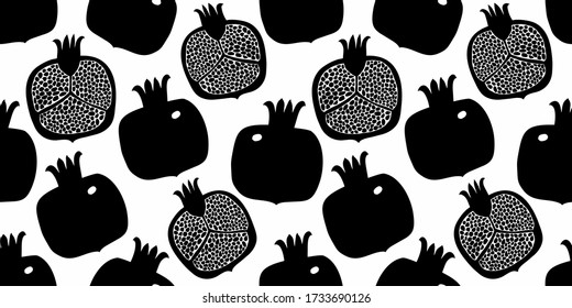 Pomegranate seamless pattern. Hand drawn vector fruit illustration. Cartoon style design. Cute minimalistic fruits background.