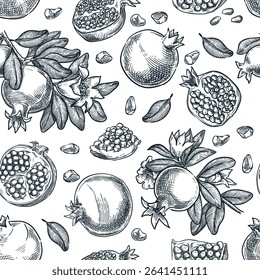Pomegranate seamless pattern. Hand drawn sketch vector illustration. Food products background. Fabric design, wrapping paper, textile print