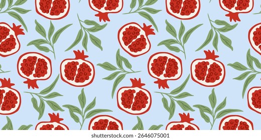 Pomegranate seamless pattern, hand drawn vector fruit background with leaves, juicy red garnet halves on light blue, flat illustration for textile, wrapping paper, kitchen decor, summer design