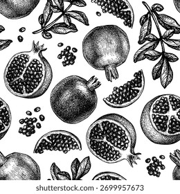 Pomegranate seamless pattern. Ink sketch. Hand drawn engraving botanical illustration. Vintage style.