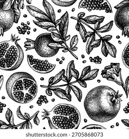 Pomegranate seamless pattern. Ink sketch. Hand drawn engraving botanical illustration. Vintage style.