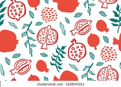 Pomegranate seamless pattern with leaves. Floral vector illustration for SHANA TOVA greeting card. Rosh Hashanah Greeting Card, holiday symbol a pomegranate. Abstract fruits seamless repeart pattern.