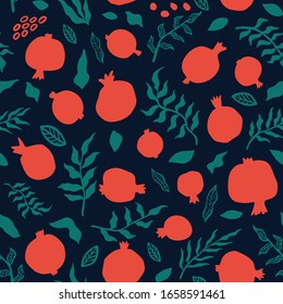 Pomegranate seamless pattern with leaves. Floral vector illustration for SHANA TOVA greeting card. Rosh Hashanah Greeting Card, holiday symbol a pomegranate. Abstract fruits on dark background.