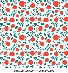 Pomegranate seamless pattern with leaves. Floral vector illustration for SHANA TOVA greeting card. Rosh Hashanah Greeting Card, holiday symbol a pomegranate. Abstract fruits seamless background.