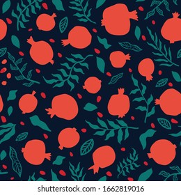 Pomegranate seamless pattern with leaves. Floral vector illustration for SHANA TOVA greeting card. Rosh Hashanah Greeting Card, holiday symbol a pomegranate. Abstract fruits seamless repeart pattern.