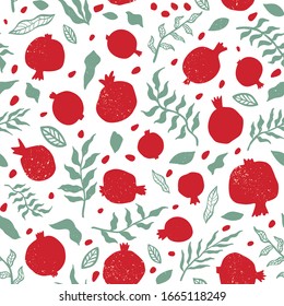 Pomegranate seamless pattern with leaves. Floral vector illustration abstract doodle and scandinavian fruits. Seamless pattern of pomegranate fruit with texture. Elegant the template for fashion print
