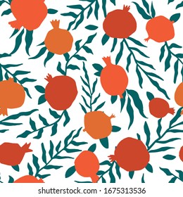 Pomegranate seamless pattern with leaves. Floral vector illustration of abstract doodle and scandinavian fruits. Garnet armenian pattern. The elegant the template for fashion prints.