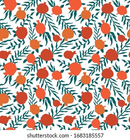 Pomegranate seamless pattern with leaves. Floral vector illustration of abstract doodle and scandinavian fruits. Garnet armenian pattern. The elegant the template for fashion prints.