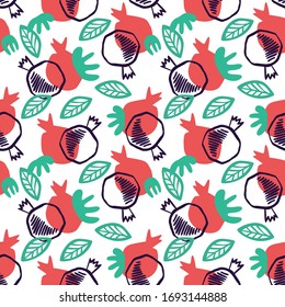 Pomegranate seamless pattern with leaves. Floral vector illustration of abstract doodle and scandinavian fruits. Garnet armenian pattern. The elegant the template for fashion prints.