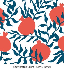 Pomegranate seamless pattern with leaves. Floral vector illustration of abstract doodle and scandinavian fruits. Garnet armenian pattern.  