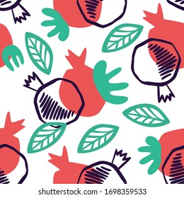 Pomegranate seamless pattern with leaves. Floral vector illustration of abstract doodle and scandinavian fruits. Garnet armenian pattern. The elegant the template for fashion prints.