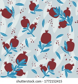 Pomegranate seamless pattern with leaves. Floral vector illustration for card. Abstract fruits seamless pattern.