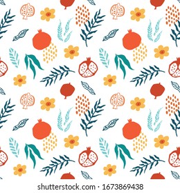 Pomegranate seamless pattern with leaves, flower. Floral vector illustration of abstract doodle and scandinavian fruits. Garnet armenian pattern. The elegant the template for fashion prints.