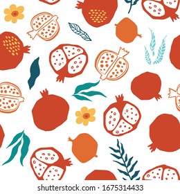 Pomegranate seamless pattern with leaves, flower. Floral vector illustration of abstract doodle and scandinavian fruits. Garnet armenian pattern. The elegant the template for fashion prints.