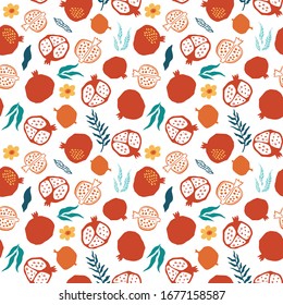 Pomegranate seamless pattern with leaves, flower. Floral vector illustration of abstract doodle and scandinavian fruits. Garnet armenian pattern. The elegant the template for fashion prints.