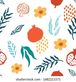 Pomegranate seamless pattern with leaves, flower. Floral vector illustration of abstract doodle and scandinavian fruits. Garnet armenian pattern. The elegant the template for fashion prints.