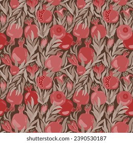 Pomegranate seamless pattern. Leaves, garnet fruit