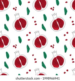Pomegranate seamless pattern, line art. Colorfull red pomegranate whith seeds and leaves on the white background.