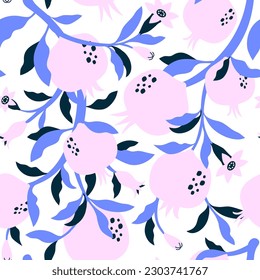 Pomegranate seamless pattern in neon color. Fruit, branches, leaves and flowers on lights background. Best for wallpaper, fabric, wrapping paper, bed linen. Hand drawn vector illustration