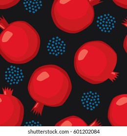 Pomegranate seamless pattern on black background. Cute summer fruit illustration. Decorative scandinavian style background. Design for wallpaper, fabric, decor, textile.