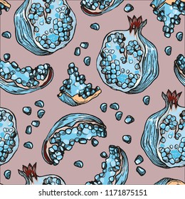 Pomegranate seamless pattern on pink background. Greate for food product design, cosmetics, eco goods!