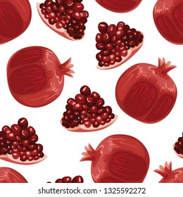 Pomegranate seamless pattern on white background. Vector illustration of whole red fruits and pieces in cartoon simple flat style.