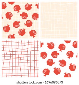 Pomegranate seamless pattern with pink hand drawn grid background. Floral vector illustration set of abstract doodle and scandinavian fruits. Garnet armenian pattern. The elegant fashion prints.