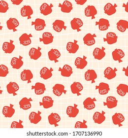 Pomegranate seamless pattern with pink hand drawn grid background. Floral vector illustration of abstract scandinavian fruits. Garnet armenian pattern. The elegant template for fashion prints