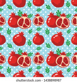 Pomegranate seamless pattern with polka dot background. 