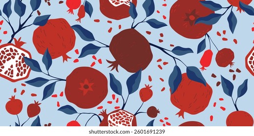 Pomegranate seamless pattern. Red pomegranate blue leaves decorative background. Fresh pomegranate vector design for fabric, paper, wallpaper, cover, interior decor, and other use. Vector illustration