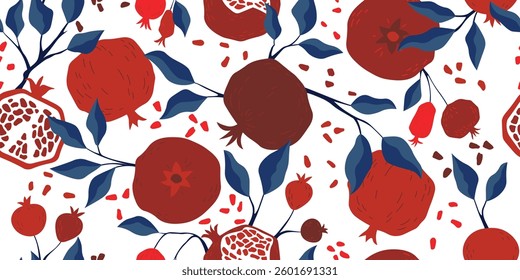 Pomegranate seamless pattern. Red pomegranate blue leaves decorative background. Fresh pomegranate vector design for fabric, paper, wallpaper, cover, interior decor, and other use. Vector illustration