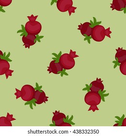 Pomegranate seamless pattern with red fruits and green leaves on light green background. Vector illustration