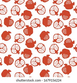 Pomegranate seamless pattern in red and white colors. Floral vector illustration of abstract doodle and scandinavian fruits. Garnet armenian pattern. The elegant the template for fashion prints.