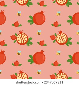 Pomegranate seamless pattern. Ripe pomegranate fruits and leaves on a pink background. Can be used for wallpaper, fabric, wrapping paper or decor. Vector illustration